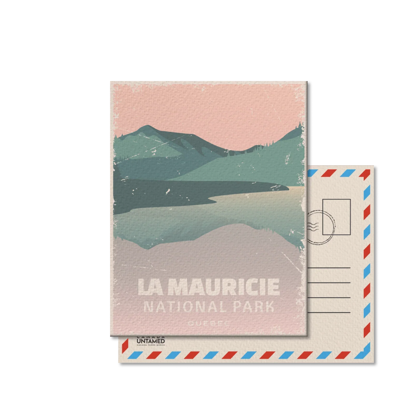 La Mauricie National Park vintage postcard with illustrated mountains and lake, Quebec