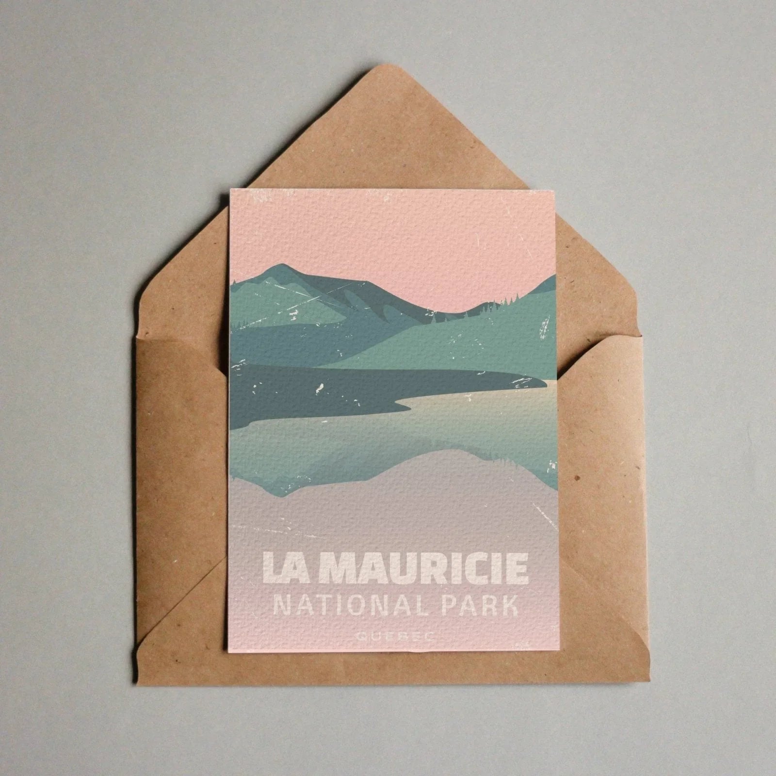 La Mauricie National Park postcard with illustrated mountains in brown envelope