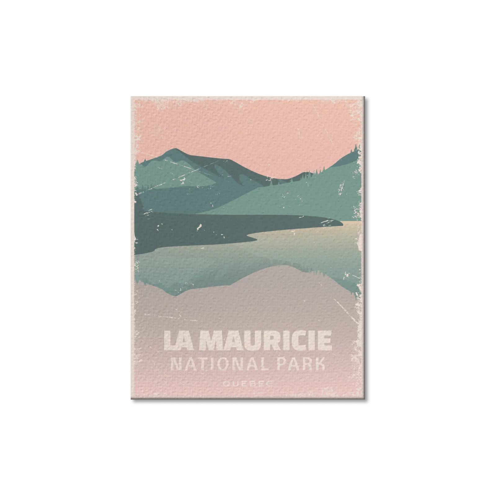 La Mauricie National Park vintage postcard with mountains and lake in Quebec