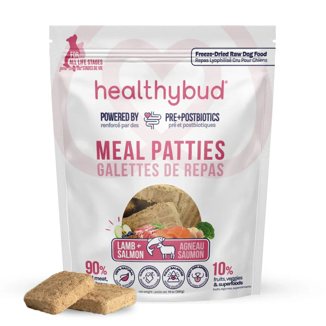 healthybud freeze-dried lamb and salmon meal patties dog food in resealable bag