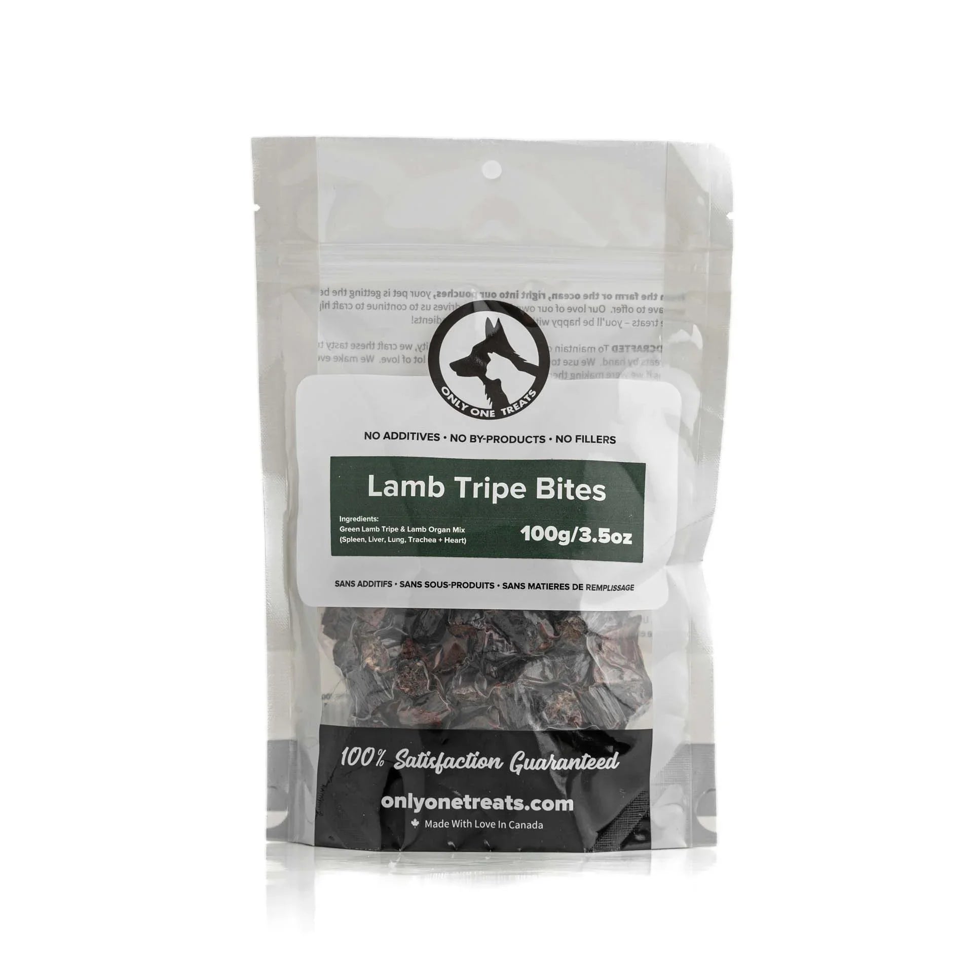 Lamb Tripe Bites 100g resealable dog treat bag from Only One Treats, front view.