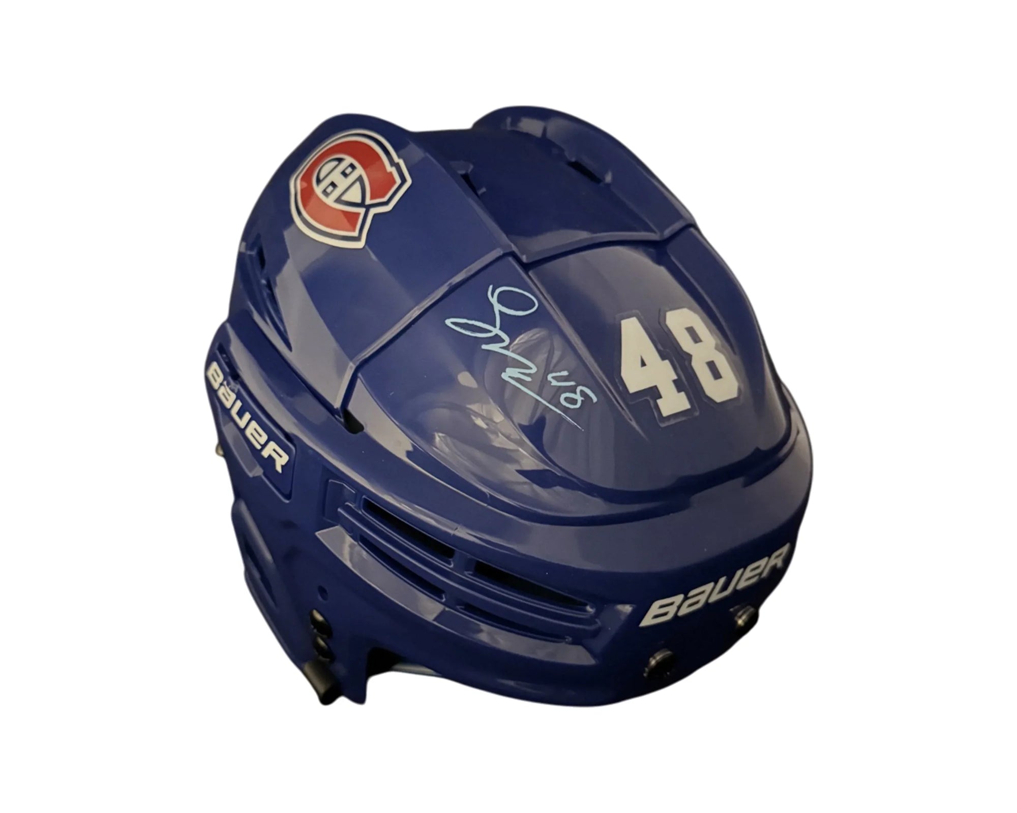 Blue Bauer hockey helmet with number 48, autograph, and Montreal Canadiens logo