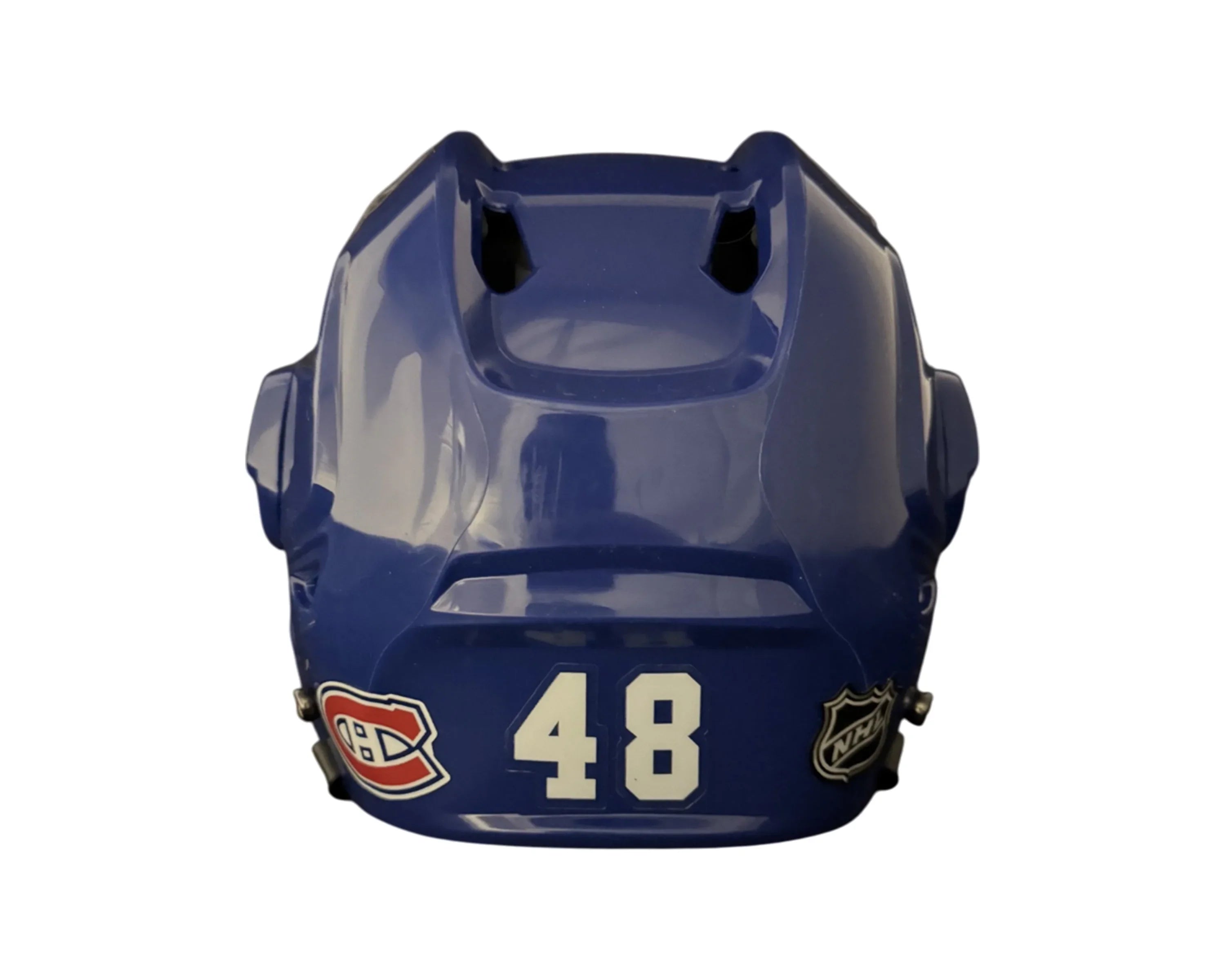 Blue hockey helmet with number 48, Montreal Canadiens and NHL logos on the back