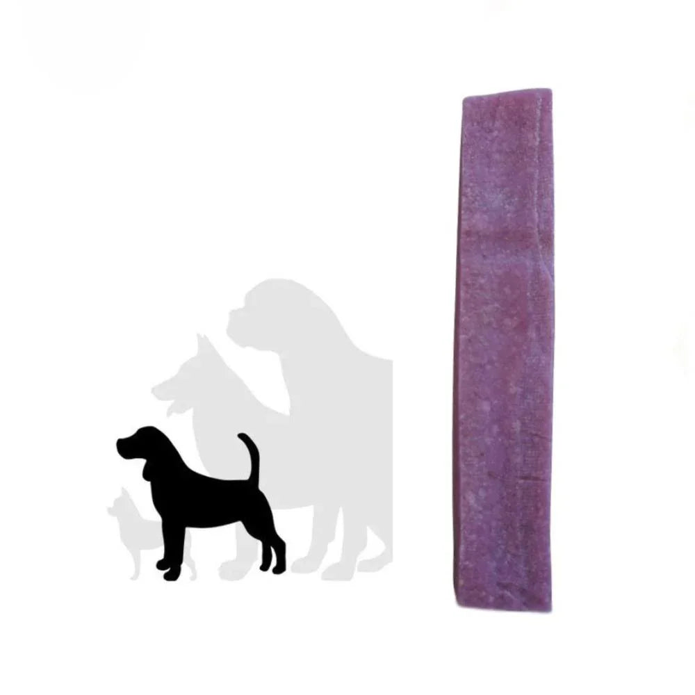 Large blueberry Himalayan yak dog chew next to dog size silhouettes on white background
