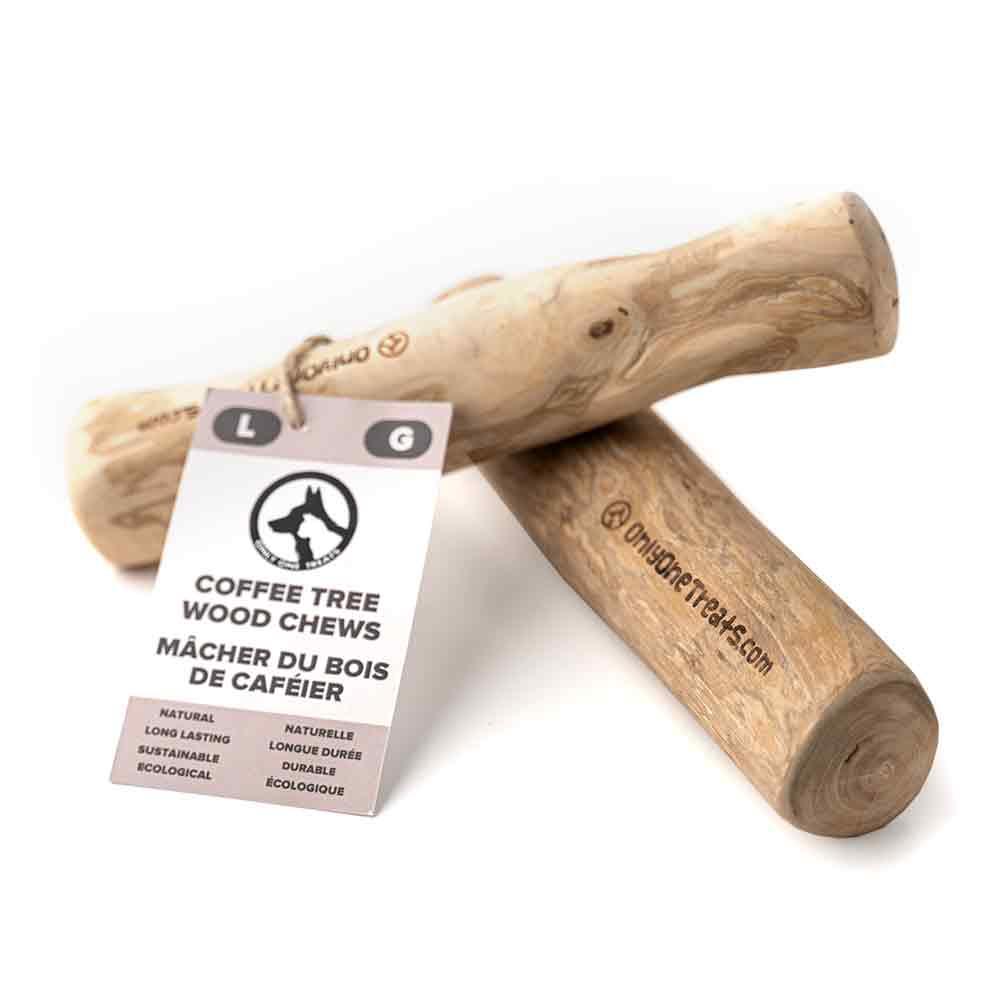 Large OnlyOneTreats coffee tree wood chews for dogs with eco-friendly label on white background