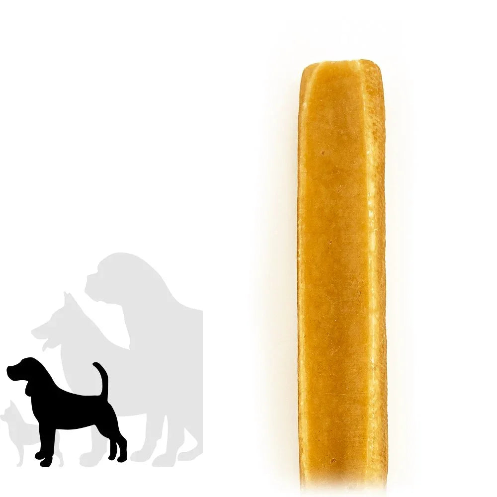 Large Himalayan yak dog chew stick on white background with dog silhouettes