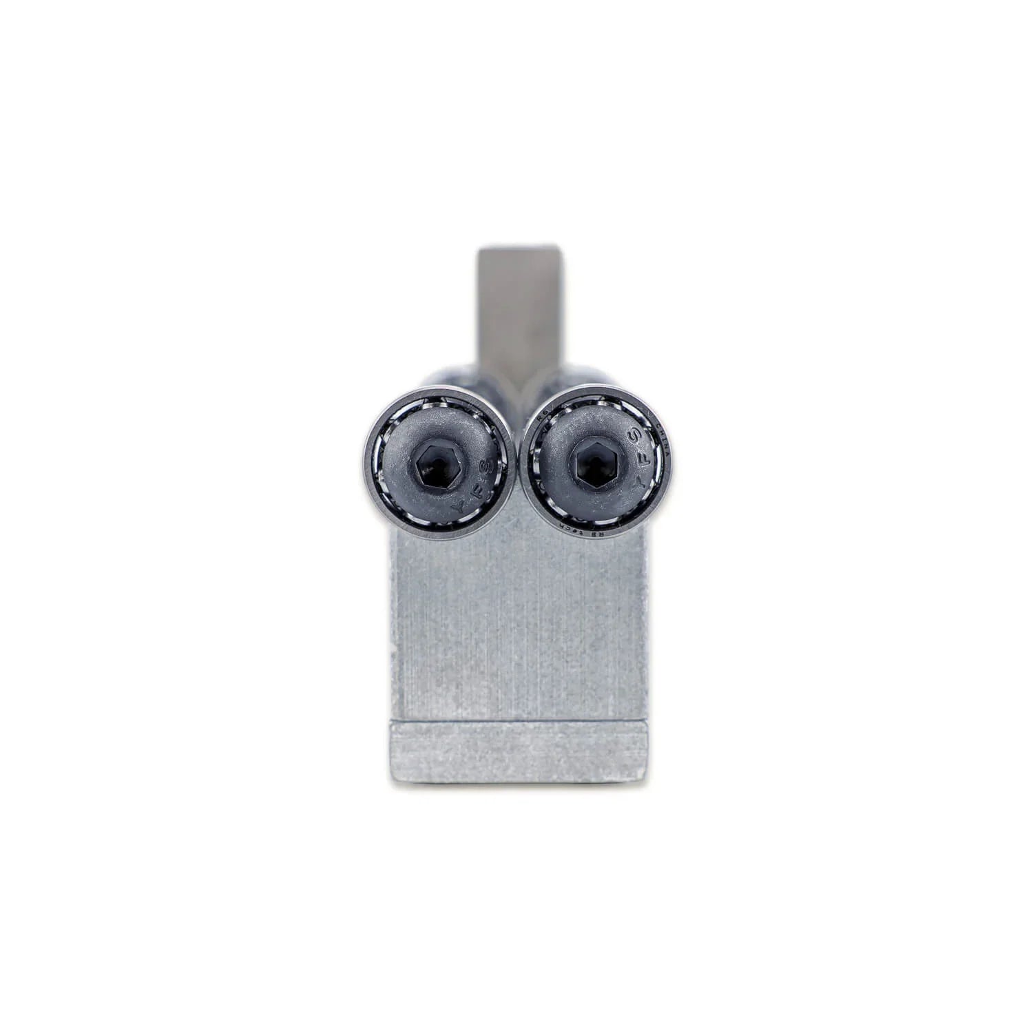 Front view of metal archery squaring tool with two screws, solid white background