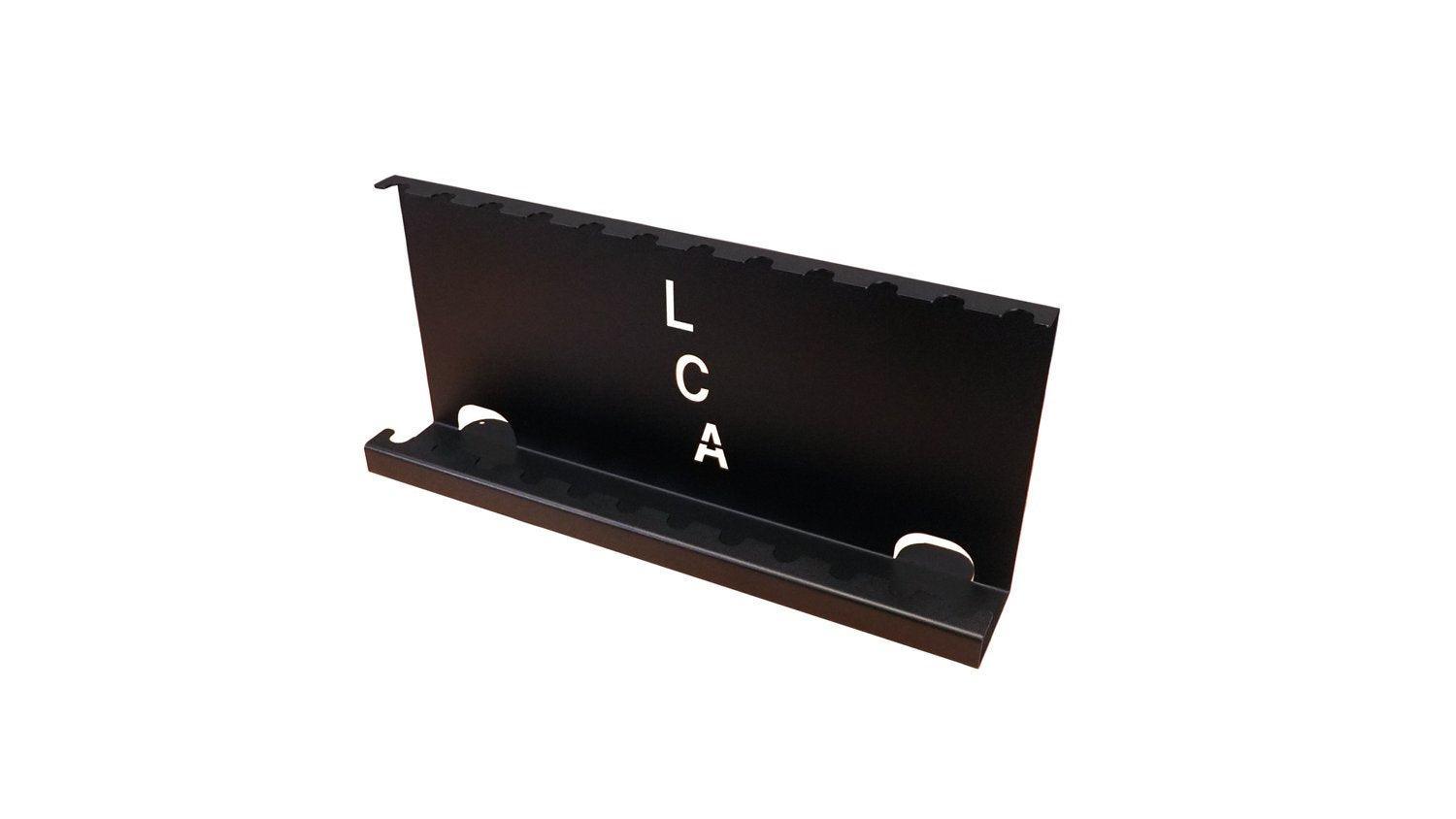 Black archery arrow stand with LCA letters, notched slots, isolated on white background