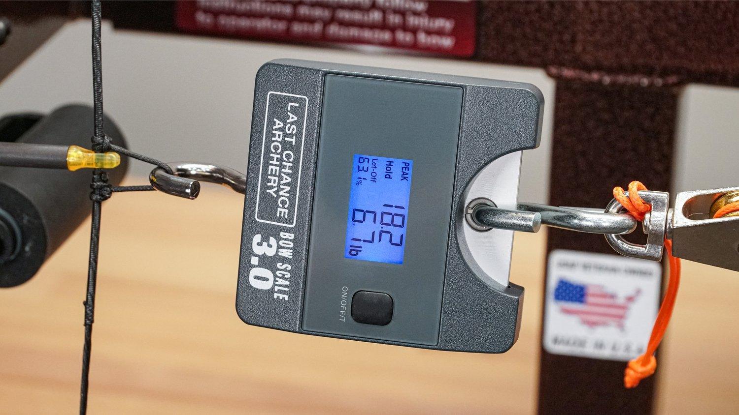 Last Chance Archery Bow Scale 3.0 measuring draw weight of a compound bow