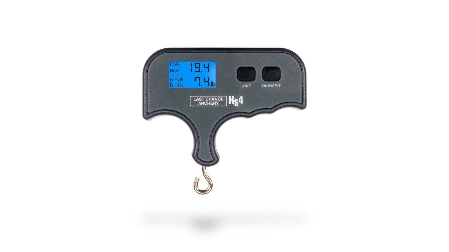 Last Chance Archery HS4 digital bow peak weight scale with blue LCD display on white background