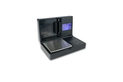 Digital pocket scale with backlit display and stainless steel platform on white background