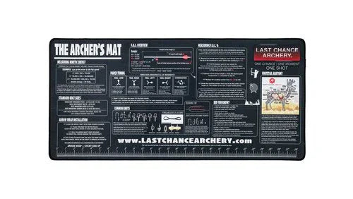 The Archer's Mat by Last Chance Archery, black mat with white instructional archery text and diagrams.