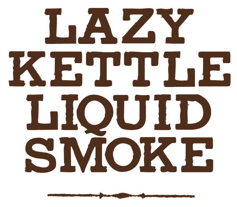 LAZY KETTLE LIQUID SMOKE text in bold brown letters on white background
