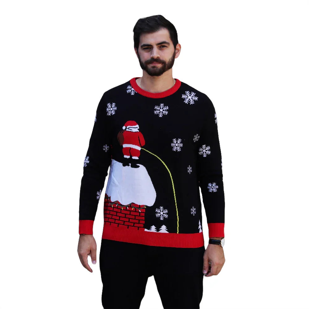 Man wearing Christmas sweater with Santa Claus urinating off a snowy rooftop with snowflakes
