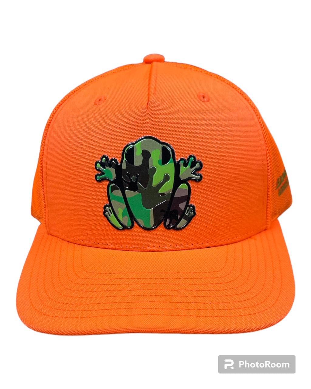 Neon orange trucker cap with camo frog logo, Leapfrog Outdoor Sports and Apparel hat