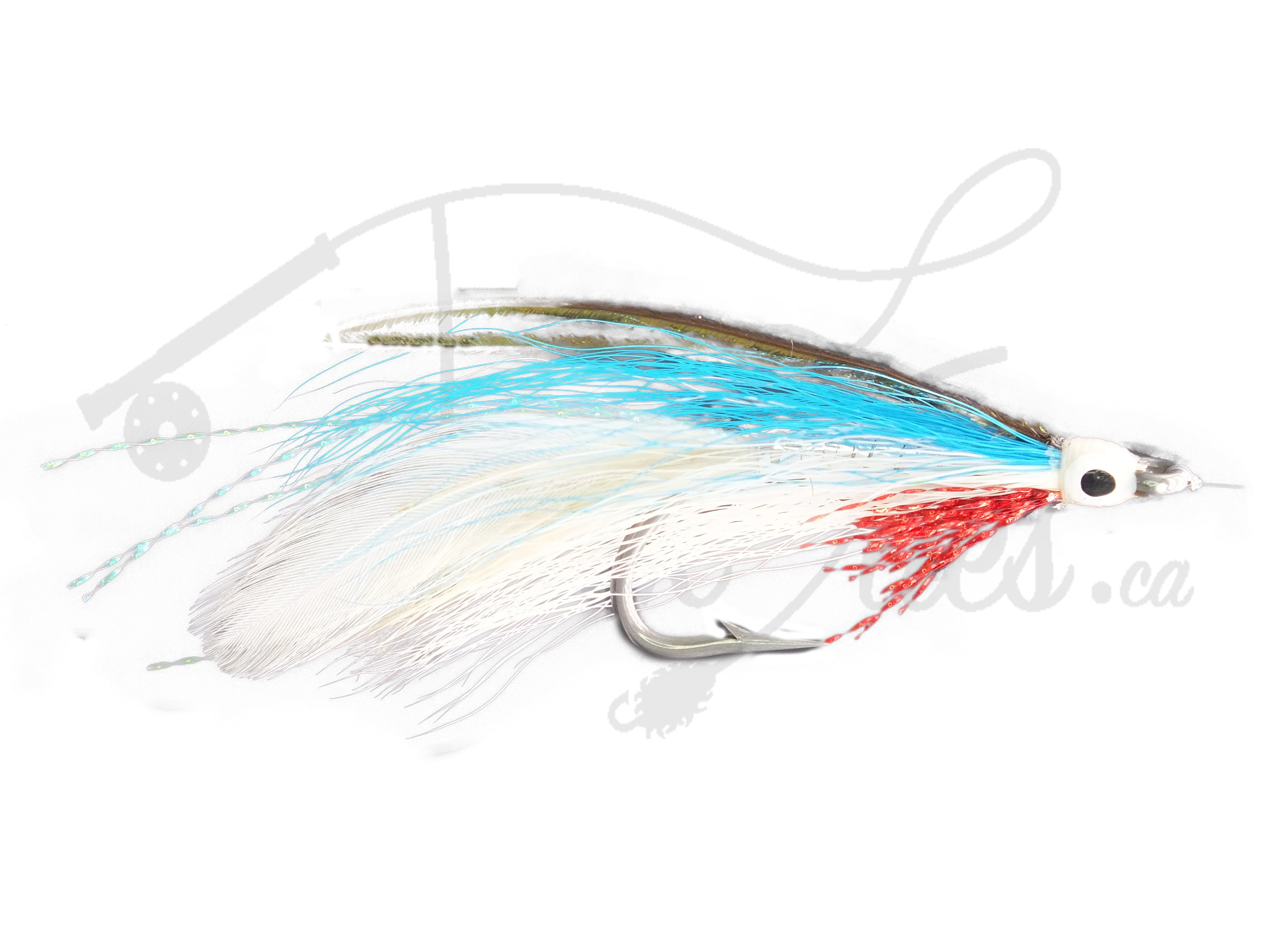 Lefty's Deceiver blue and white fishing fly with feather, plastic, and red accent details