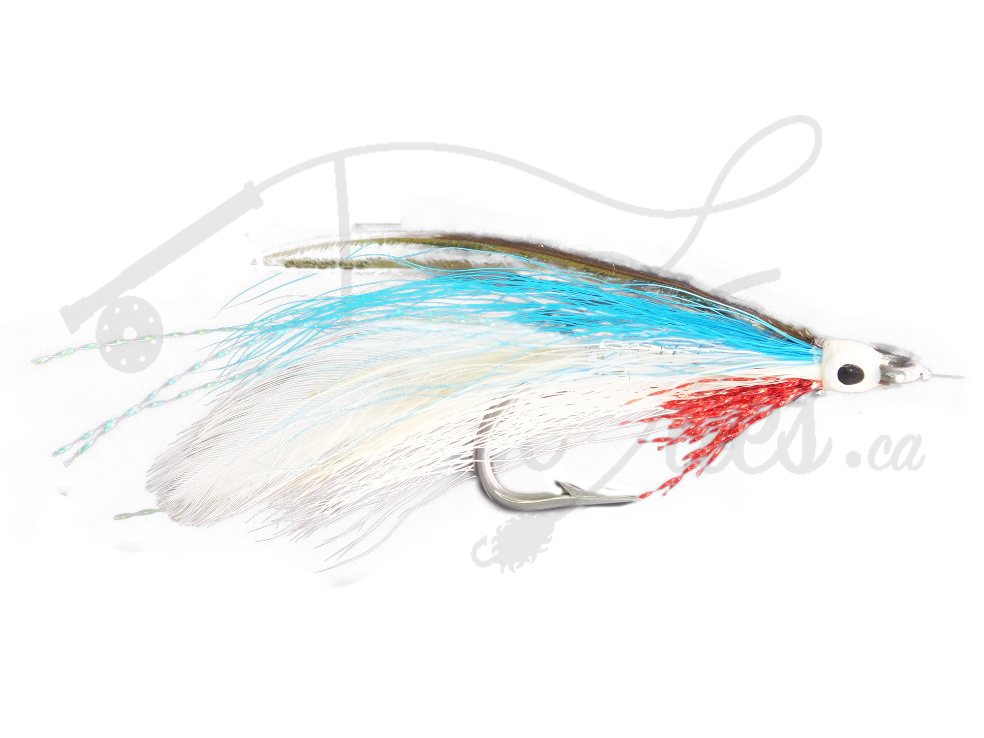 Lefty's Deceiver blue and white fishing fly with feather, plastic, and red accent details