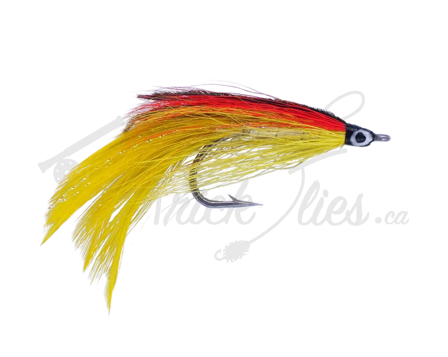 Lefty's Deceiver fishing fly with yellow and red feathers on a sharp fish hook