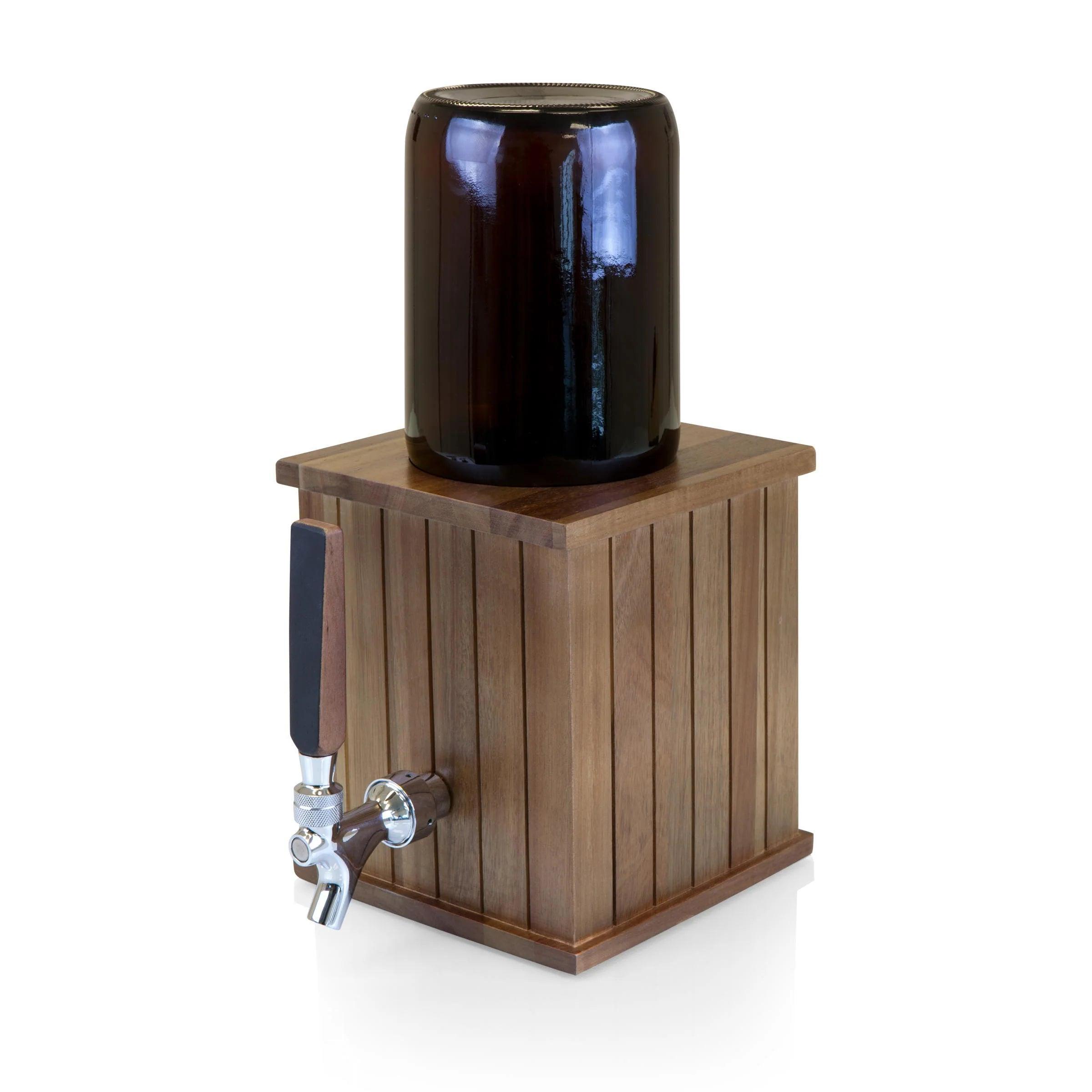 Legacy growler tap with 64oz brown glass growler on a wooden box dispenser