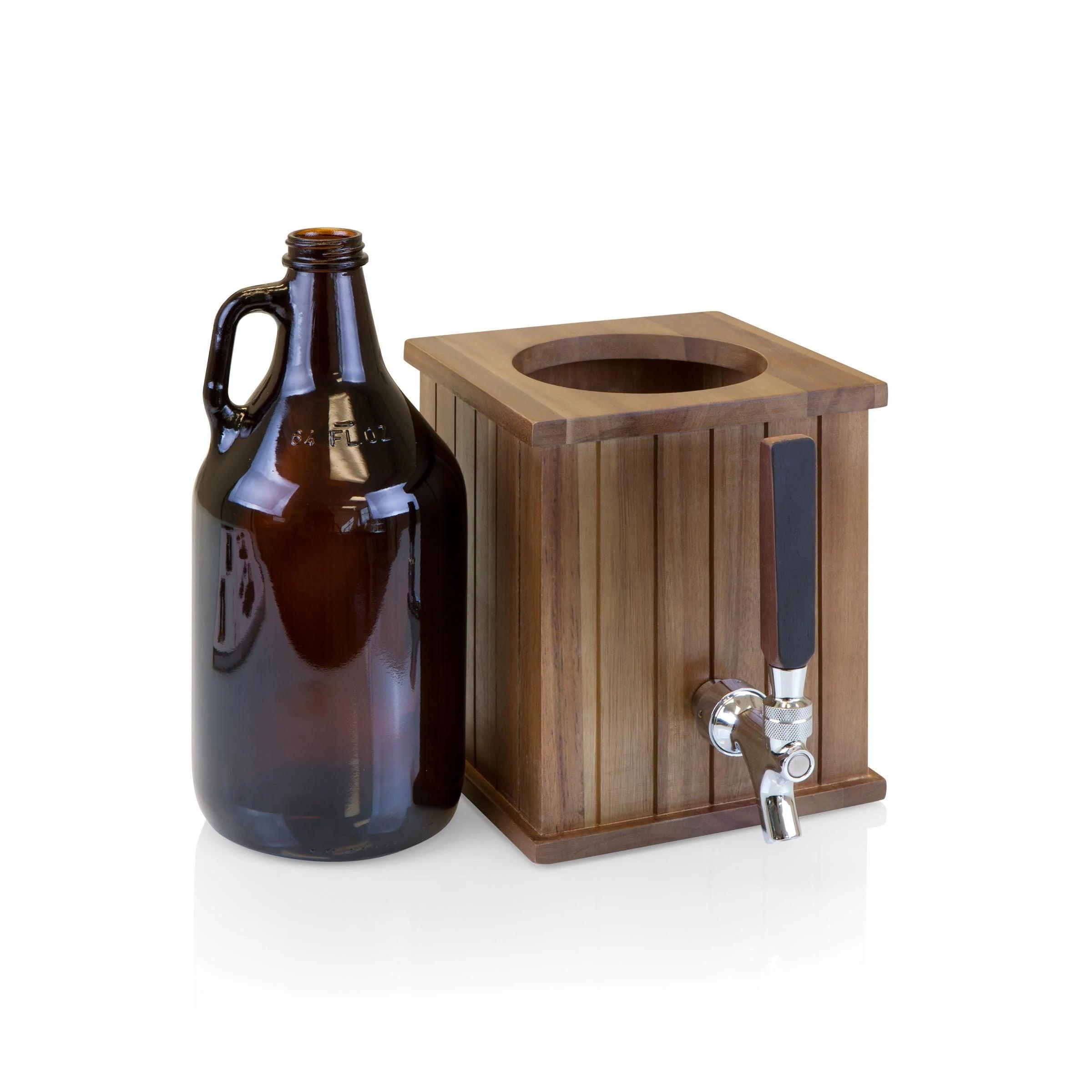 Legacy growler tap with 64oz glass growler and wooden dispenser on white background
