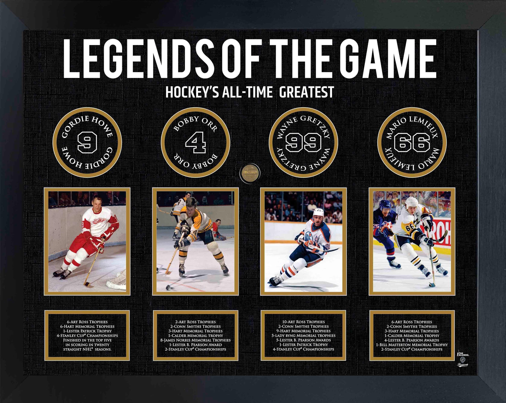 Framed NHL Legends of the Game display with images of Gordie Howe, Bobby Orr, Wayne Gretzky, Mario Lemieux, and their career highlights.