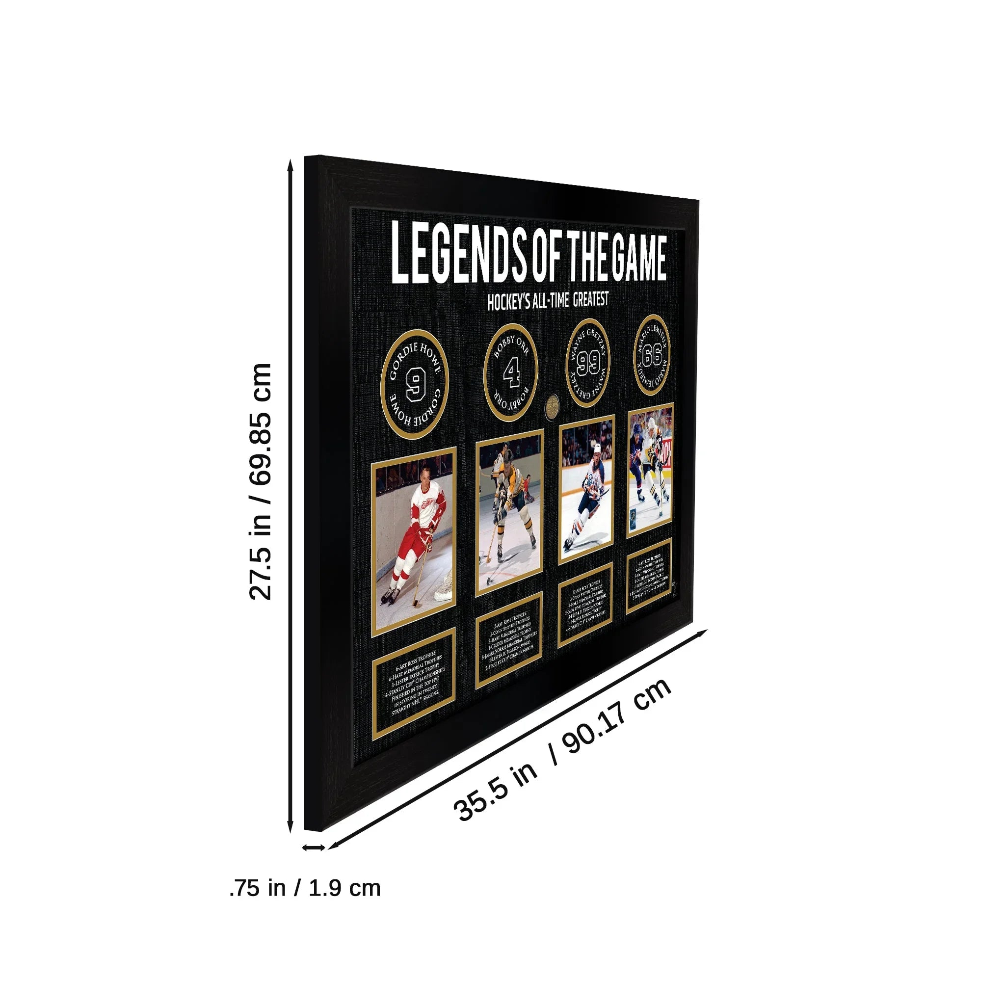 Framed Legends of the Game hockey wall art with photos, stats, black background, dimensions shown