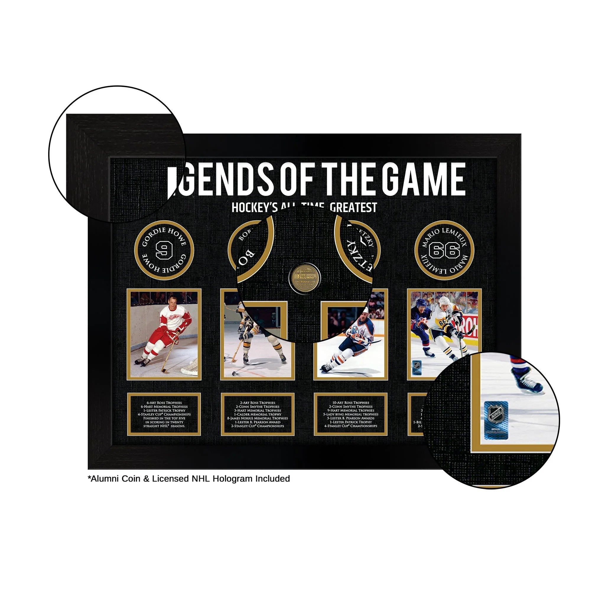 Framed NHL Legends of the Game display with hockey photos, alumni coin, and NHL hologram.