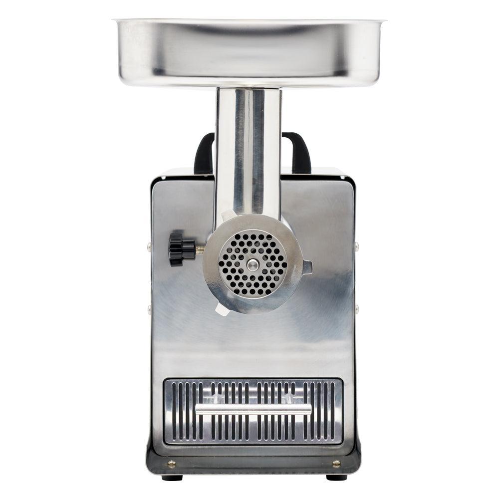 Stainless steel LEM Big Bite meat grinder front view on white background
