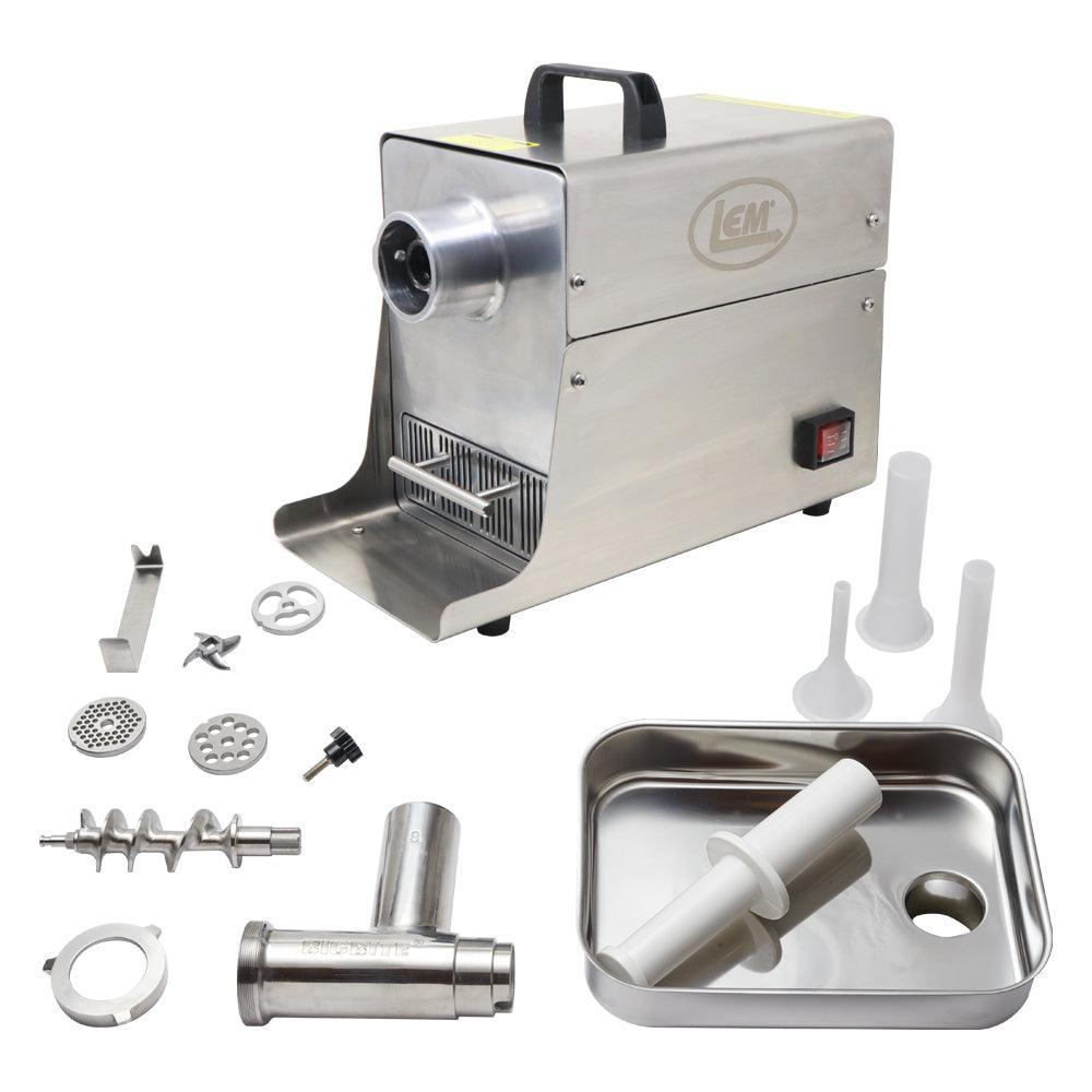 LEM Big Bite meat grinder 0.5 HP with stainless steel parts and accessories on white background