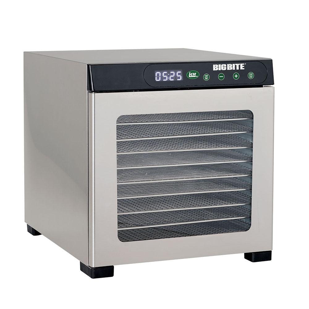 Stainless steel Big Bite 10-tray food dehydrator with digital display and glass door