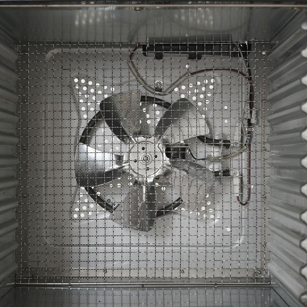 Stainless steel dehydrator fan and heating element behind protective mesh grid