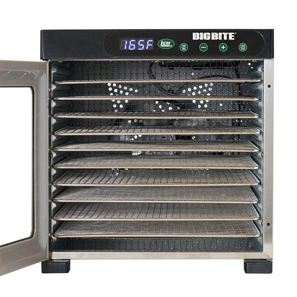 Big Bite 10-tray food dehydrator with open door and digital temperature display
