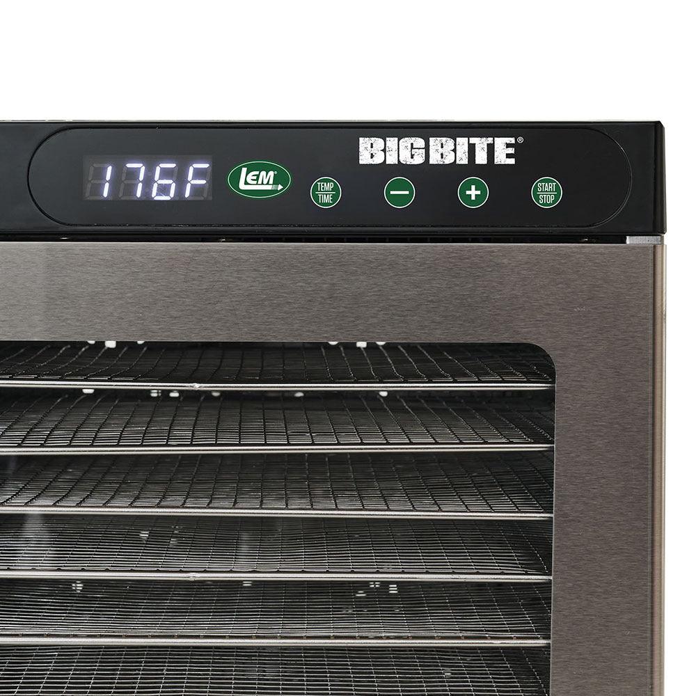LEM Big Bite 10-tray stainless steel food dehydrator digital timer display