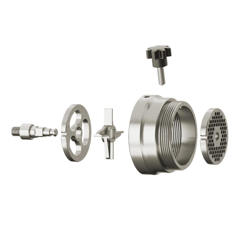 Stainless steel meat grinder adapter kit parts arranged in an exploded view on white background
