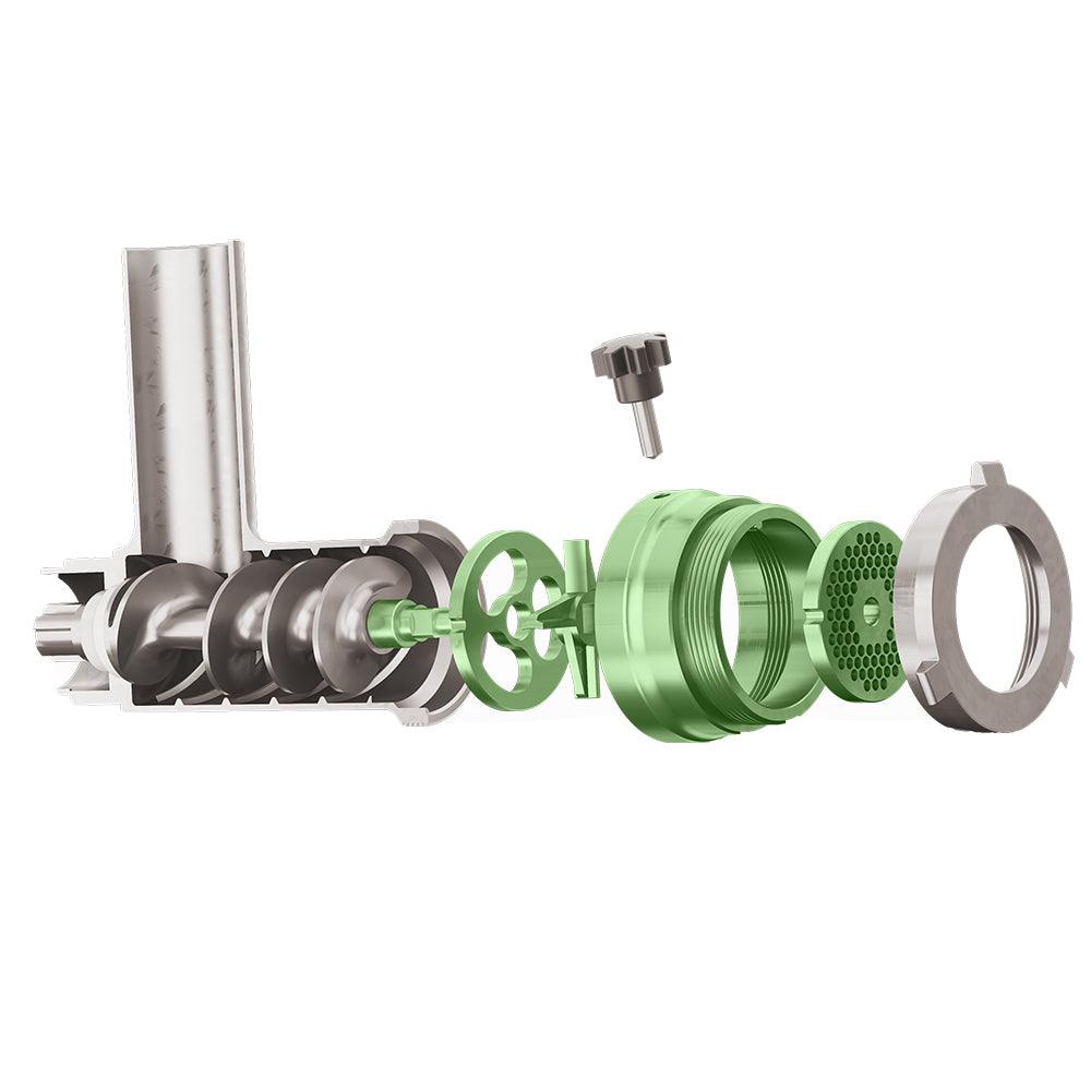 Exploded view of a DualGrind meat grinder adapter with metal and green components