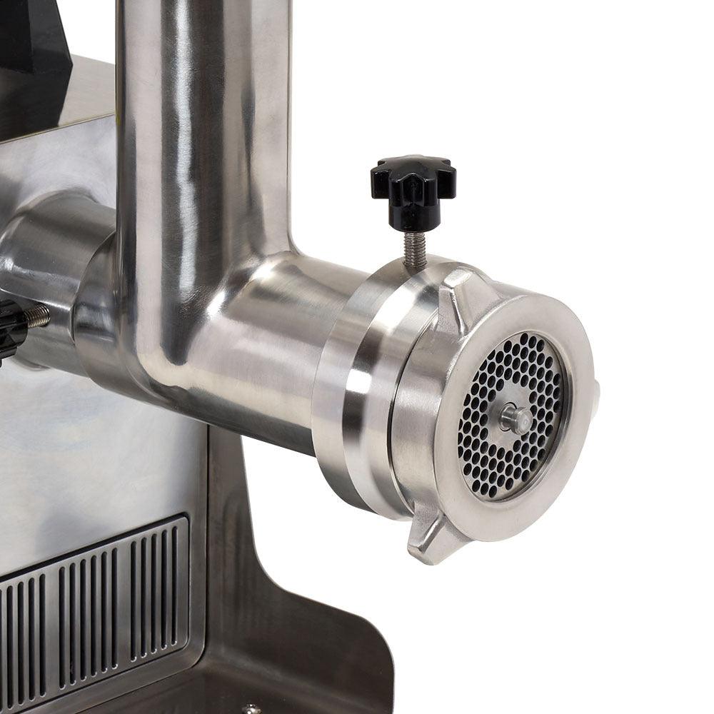 Stainless steel DualGrind meat grinder adapter attachment with perforated plate