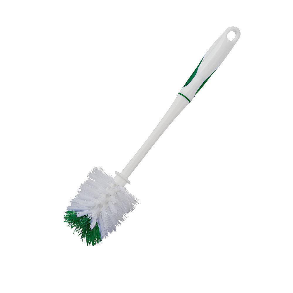 White plastic grinder brush with green bristles and ergonomic handle on white background