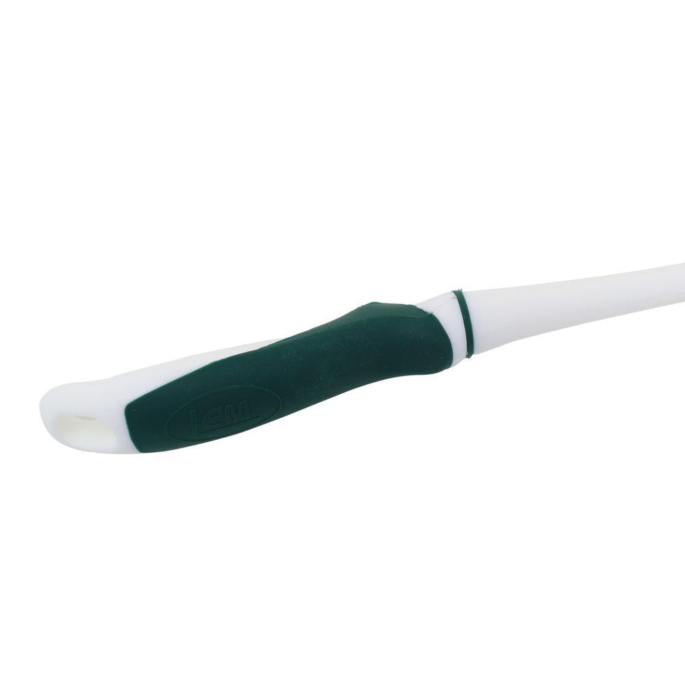 LEM cleaning brush handle with green and white ergonomic grip on white background