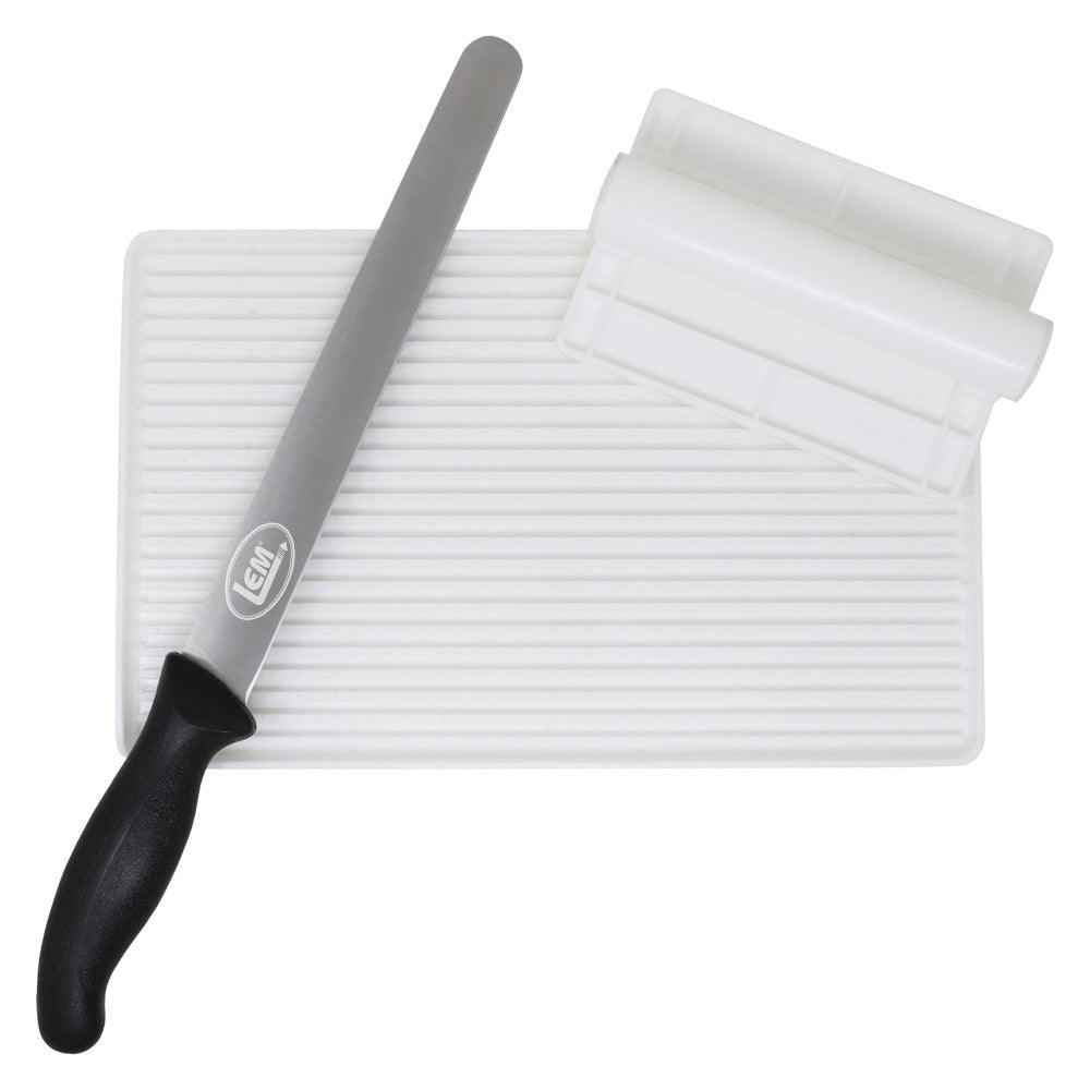 LEM jerky board set with grooved cutting board, slicing knife, and meat press