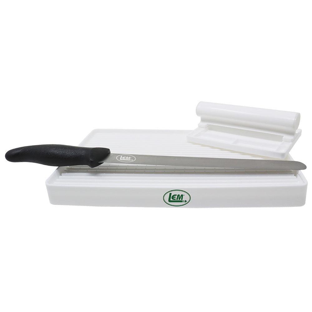LEM jerky cutting board set with slicing knife on white background