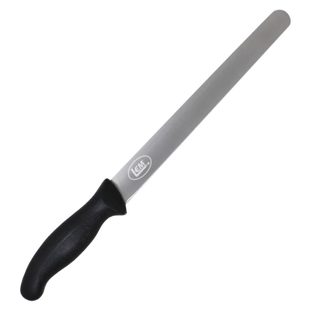 LEM jerky slicing knife with long stainless steel blade and black handle