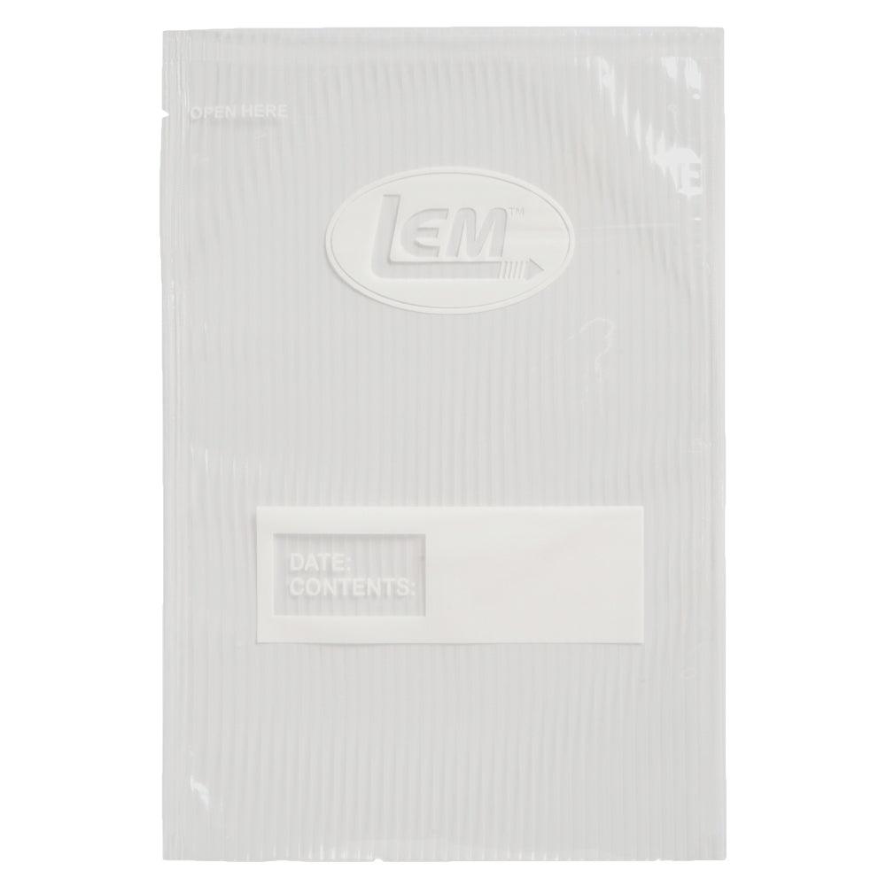 LEM vacuum seal storage bag with label for date and contents, clear plastic packaging