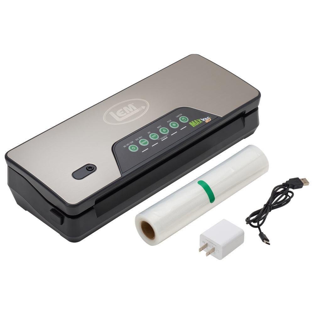 LEM MaxVac cordless vacuum sealer kit with roll, USB cable, and power adapter