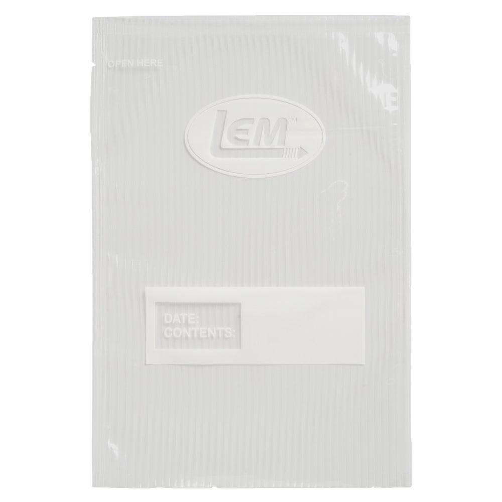 LEM vacuum seal bag with write-on label, clear ribbed plastic food storage pouch