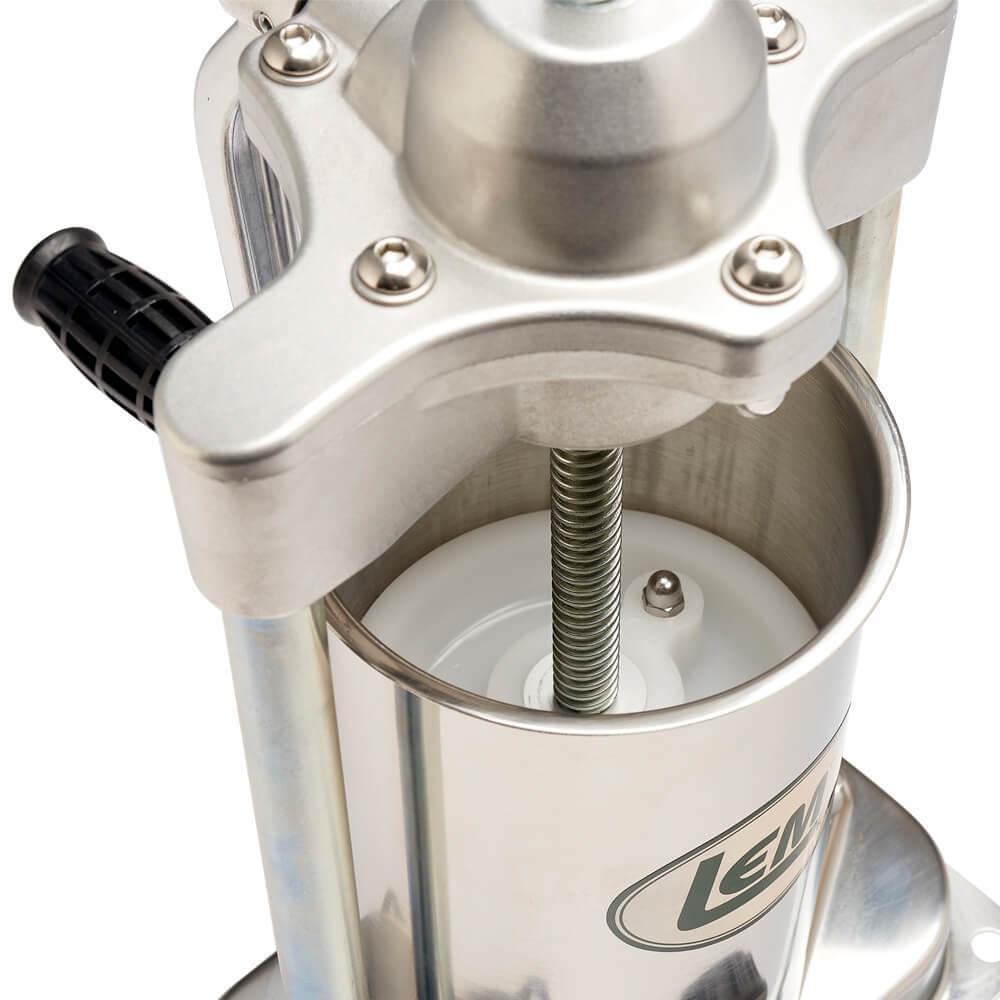 LEM MightyBite 5 lb sausage stuffer with stainless steel tube and handle close-up