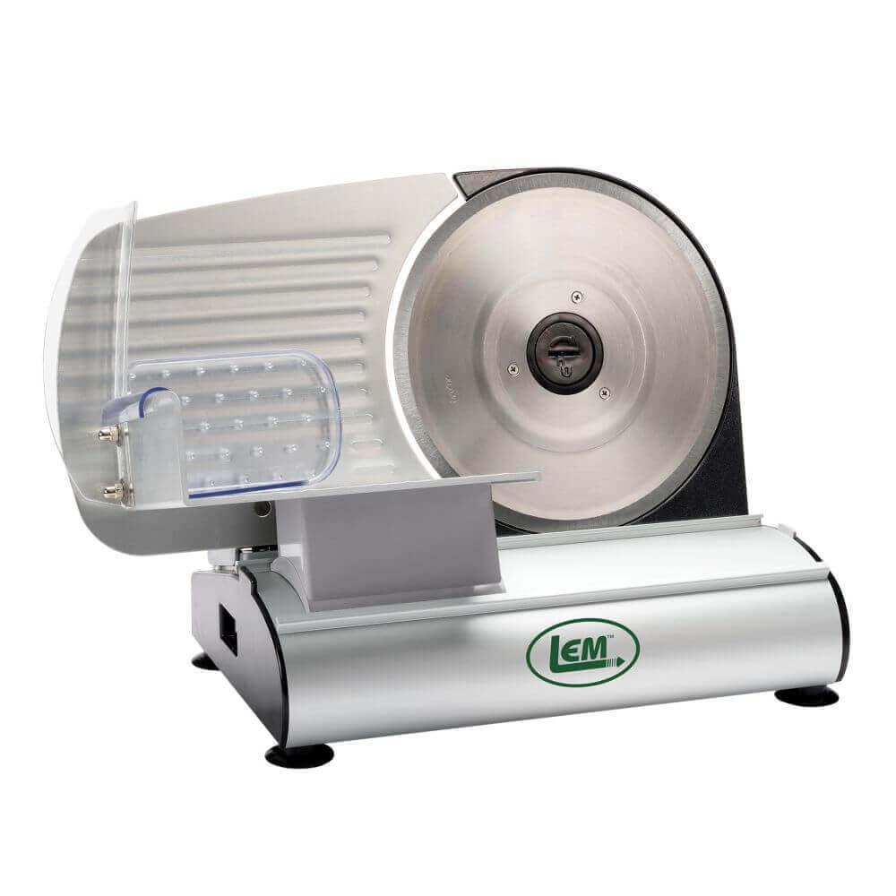 LEM MightyBite electric meat slicer with stainless steel blade on white background
