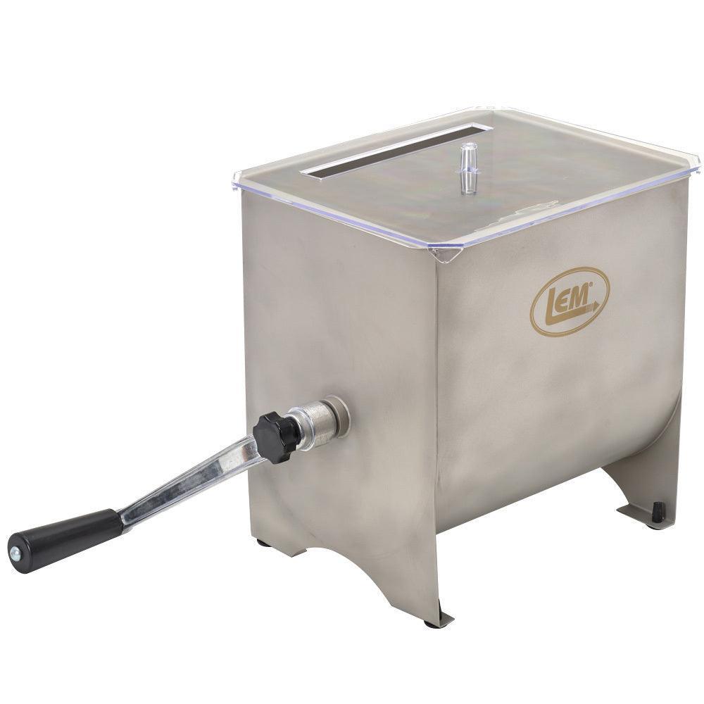LEM Mighty Bite manual meat mixer with hand crank and clear lid, stainless steel, 20 lb capacity