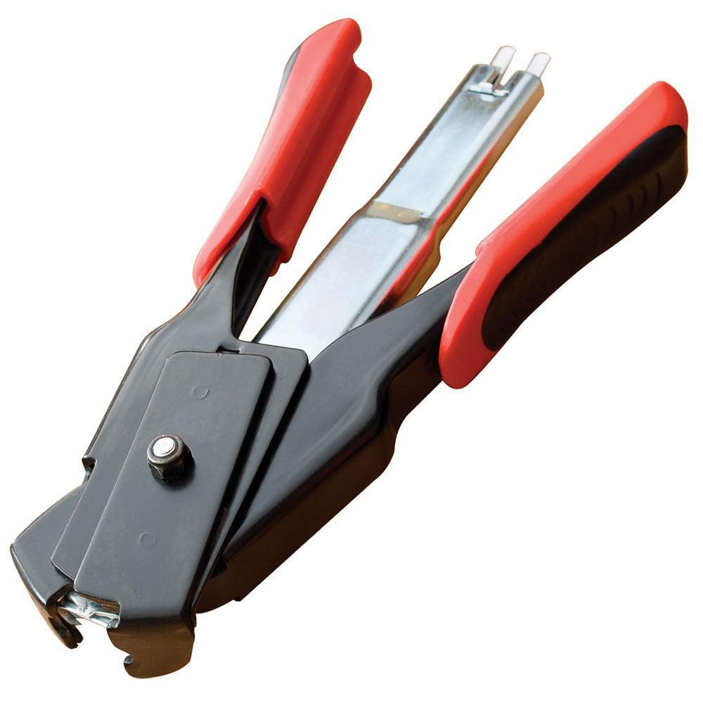 LEM spring-loaded pliers with red and black handles on white background
