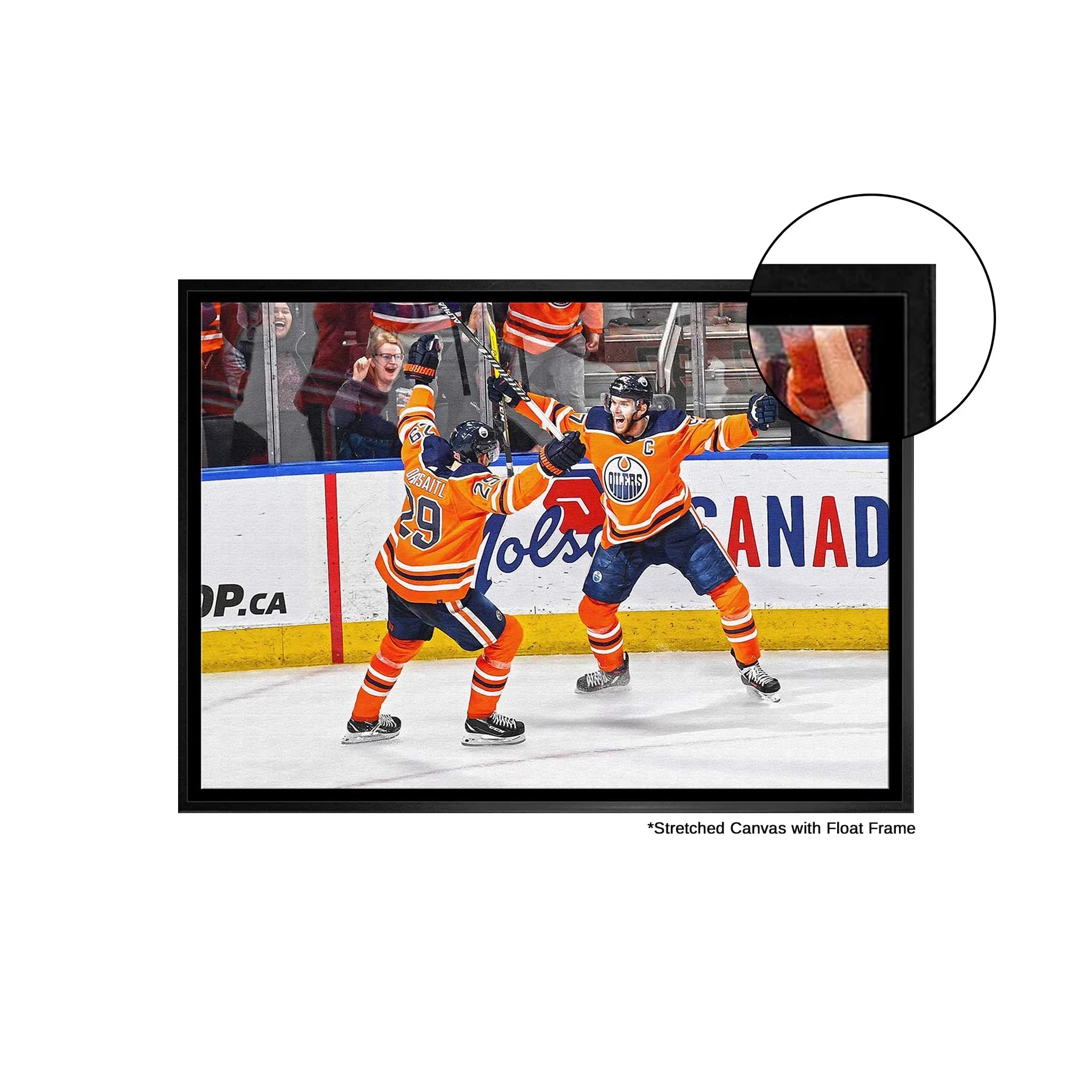 Edmonton Oilers hockey players celebrating on ice, canvas wall art with black float frame.