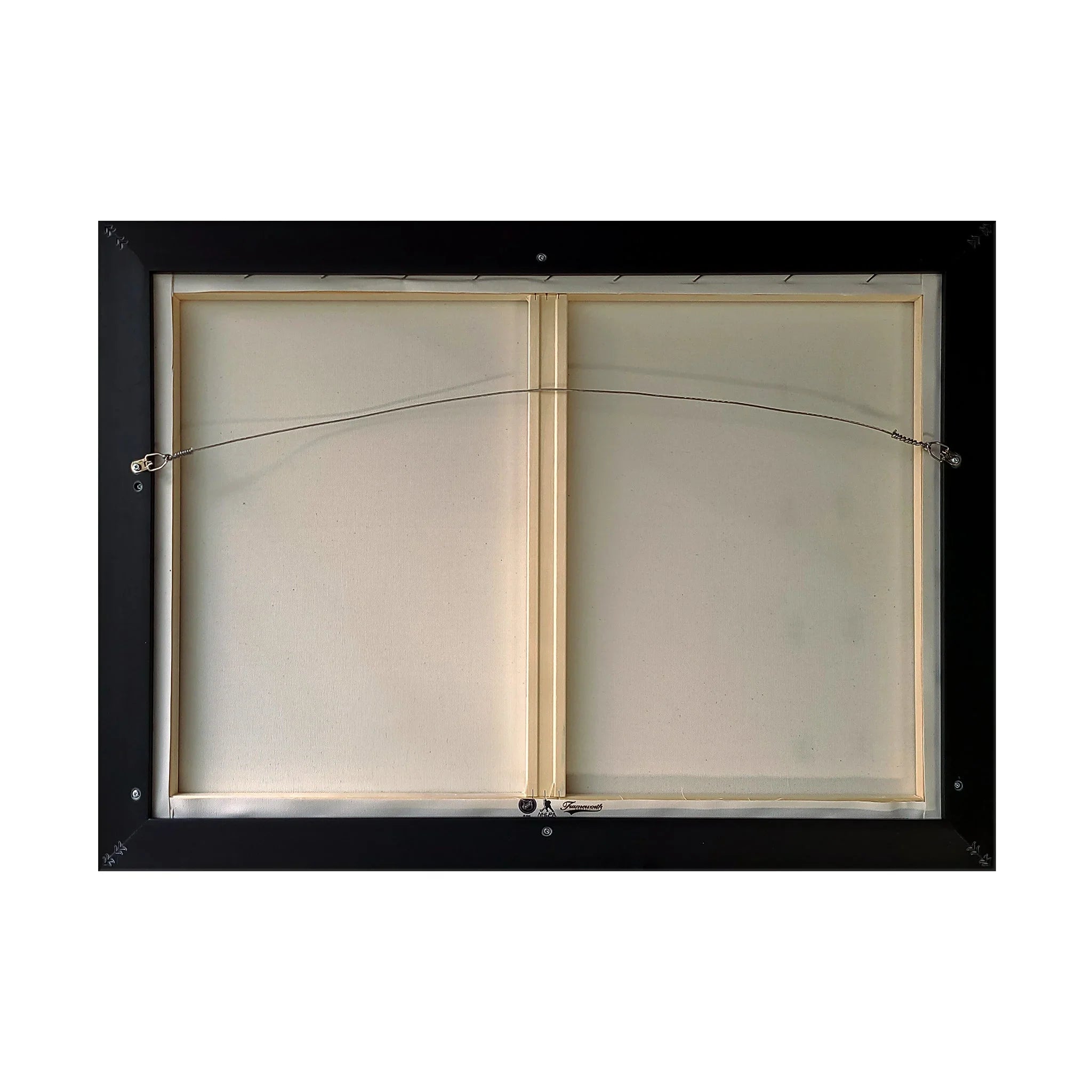 Back of framed canvas art with hanging wire and black frame on white background